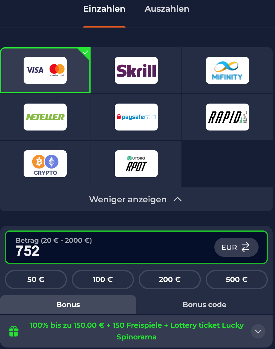 Stortingsmethoden Nine Casino